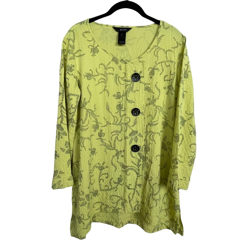 Ali Miles Tunic Top Women XS Lime‎ Green Textured Button Long Sleeve Art To Wear